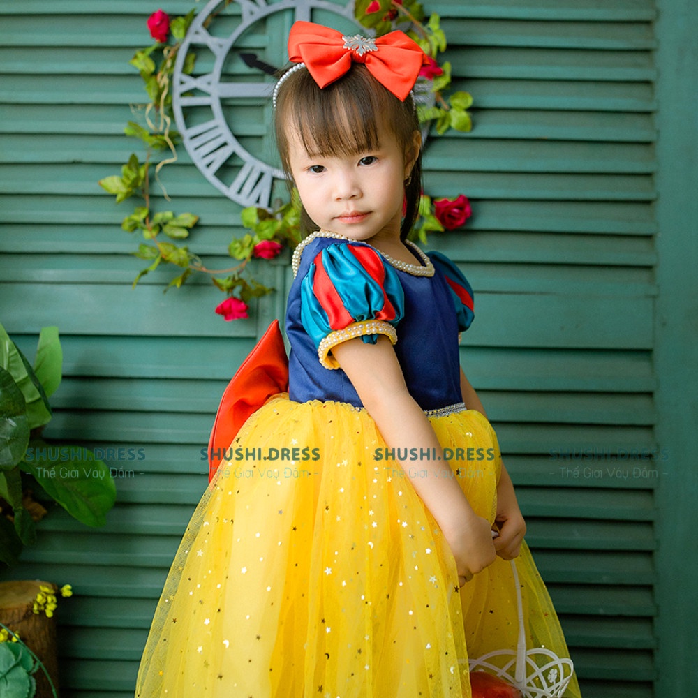Váy công chúa bạch tuyết bé gái, đầm công chúa bạch tuyết cho bé đi tiệc, thôi nôi, sinh nhật noel và tết có kèm cài tóc