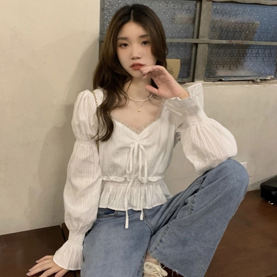 Áo Sơ Mi chiffon Xếp Ly Phối Ren Ngọt Ngào Thời Trang Hàn Quốc