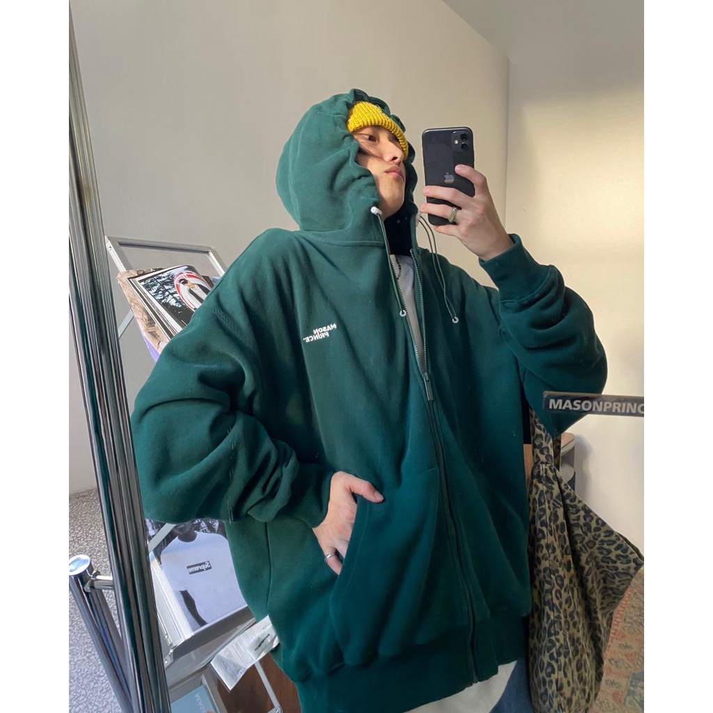 Áo Khoác Nỉ Form Rộng Unisex Nam Nữ Màu Xanh Rêu Thêu Chữ Nổi MASON