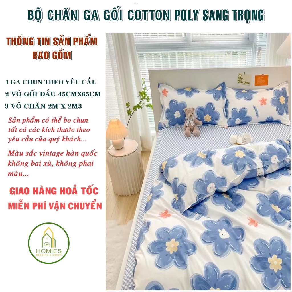 Bộ Chăn Ga Gối Cotton Poly HOMIES Bedding &amp; Décor Nhập Khẩu Họa Tiết Hoa Lá Cành - Đủ Size Miễn Phí Bo Chun