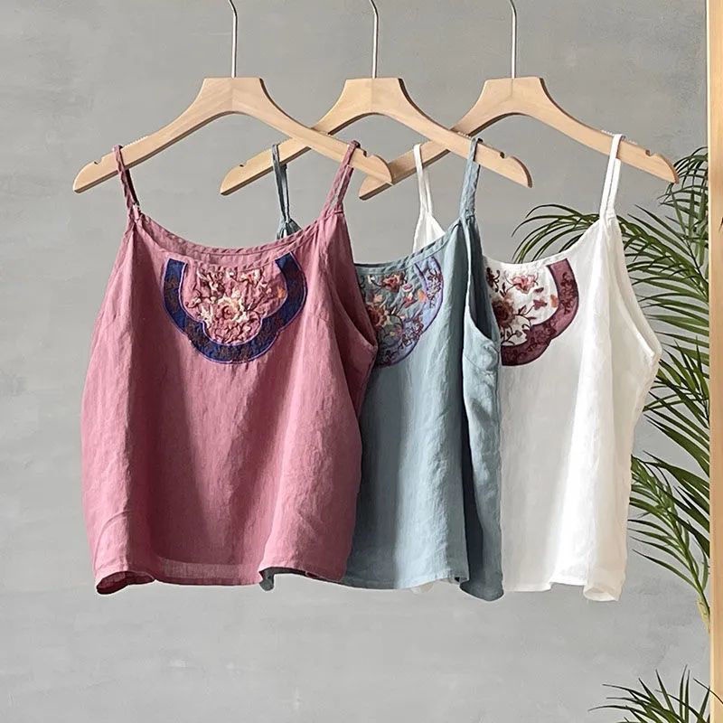 Áo Hai Dây Cotton Lanh Mỏng Màu Trơn Thêu Họa Tiết Dân Tộc Kiểu Retro Thời Trang Mùa Hè Mới 2022