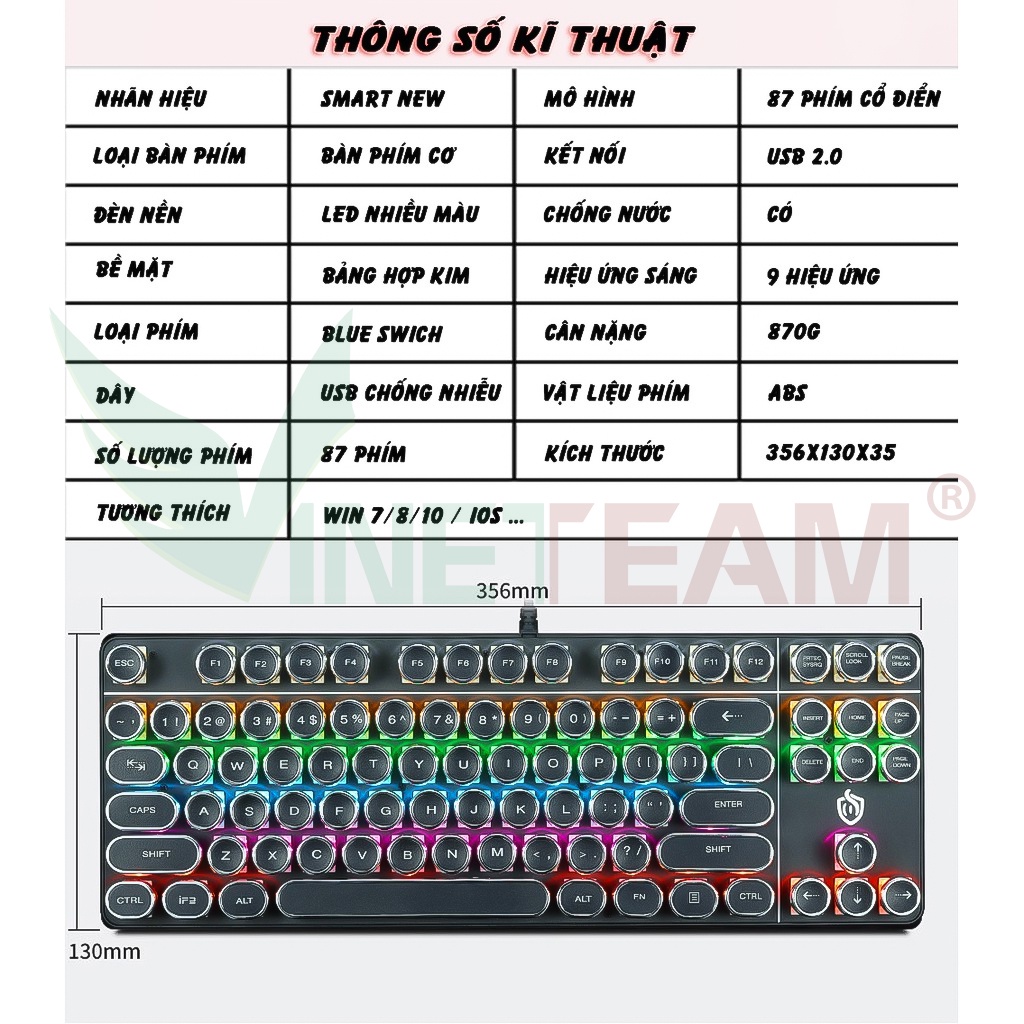 Bàn phím cơ Gaming HJK917 Blue Switch Chống nước  Full LED hiện đại, thời trang ,Phong Cách Cổ Điển Mẫu mới 2022 -dc4785