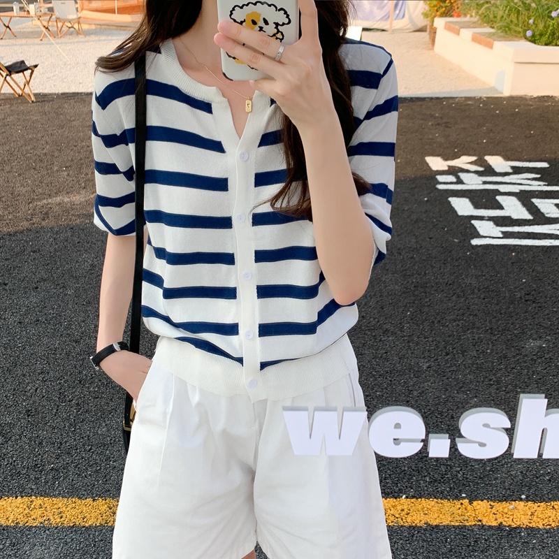 Áo cardigan dệt kim tay ngắn sọc ngang thời trang cho nữ 44876