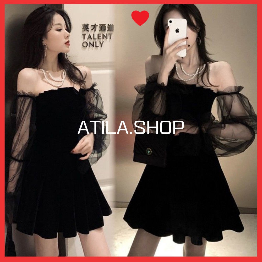 Đầm nữ , đầm váy nữ nhung tay phồng dáng váy xòe hở vai phong cách sexy sang chảnh ATILA.SHOP