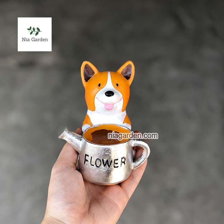 Chậu chó Corgi ôm bình tưới trồng sen đá xương rồng Nia Garden N4