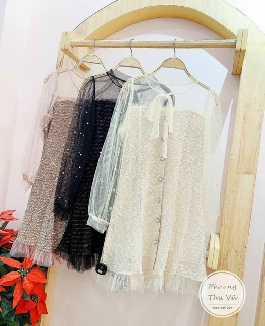 VÁY DẠ PHỐI REN CỔ NƠ
