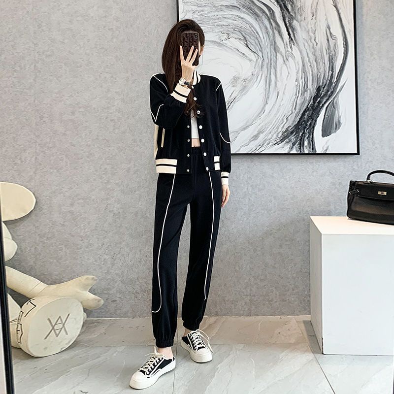 Bộ Đồ Thể Thao Áo Khoác Cardigan Phối Quần Dài Kiểu Retro Hồng Kông Thời Trang Mùa Xuân 2022 Mới