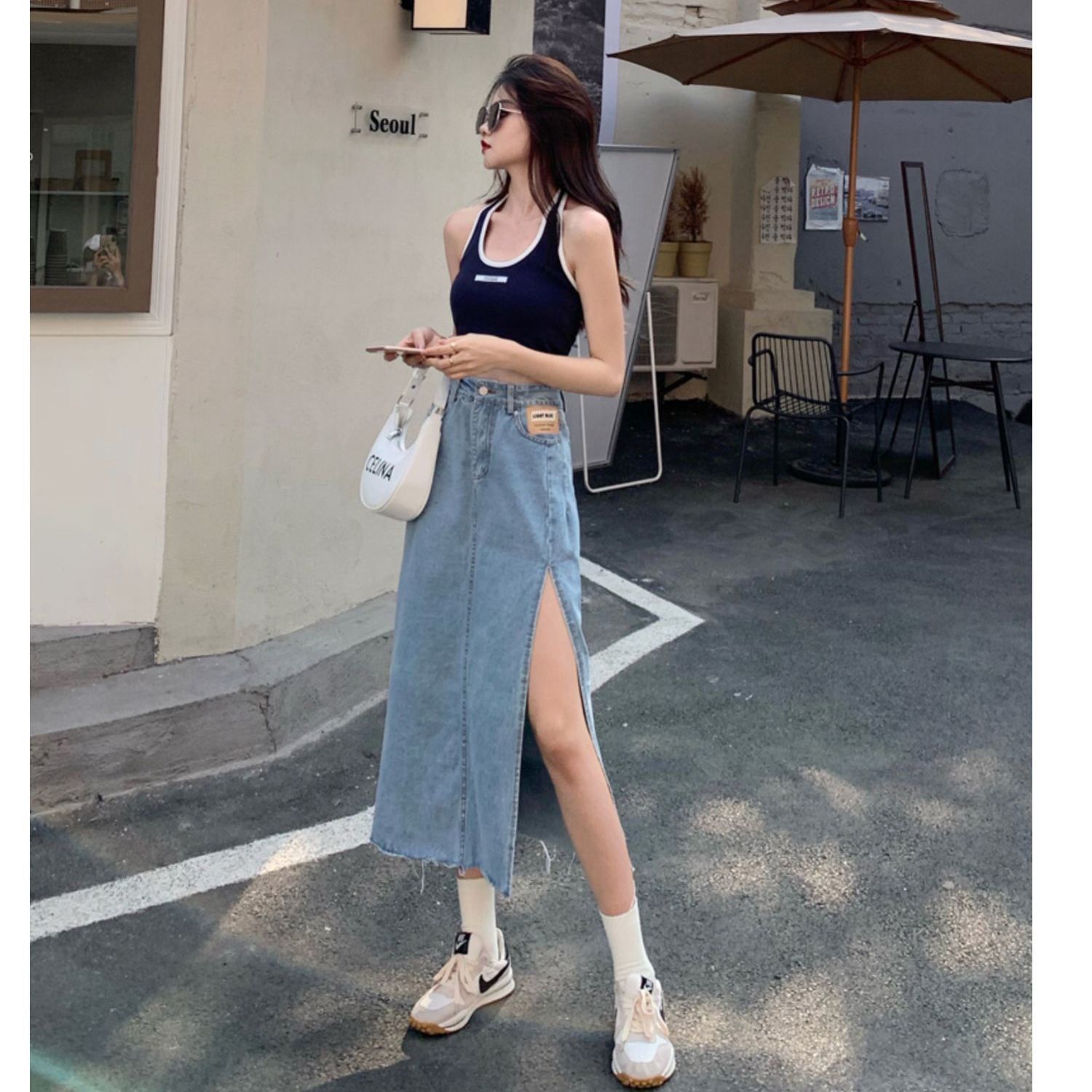 chân váy jean Chữ A Lưng Cao Xẻ Tà Thời Trang Mùa Hè Cho Nữ