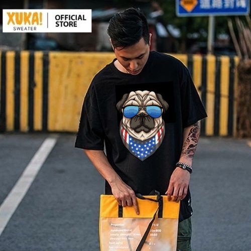 Áo thun tay lỡ XUKA cotton co dãn 4 chiều dáng unisex form châu á in hình Pug Đeo Kính Đen