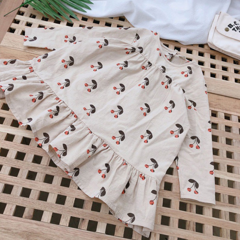 Đầm công chúa tay dài in họa tiết quả cherry đáng yêu thời trang dành cho bé gái
