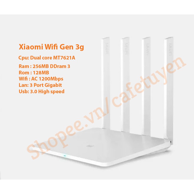 
                        Bộ phát wifi Router wifi Xiaomi Gen 3G Tiếng Việt v1 Cpu Dual Core Ram 256MB Lan Gigabit Wifi AC 1200mbps chịu tải cao
                    