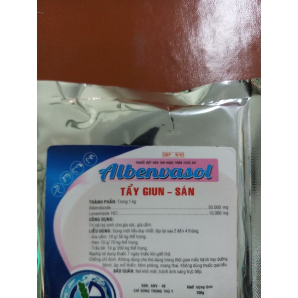 1 gói Albenvasol 100 gram sử dụng giun, sán trên vật nuôi hsd 13/11/2023