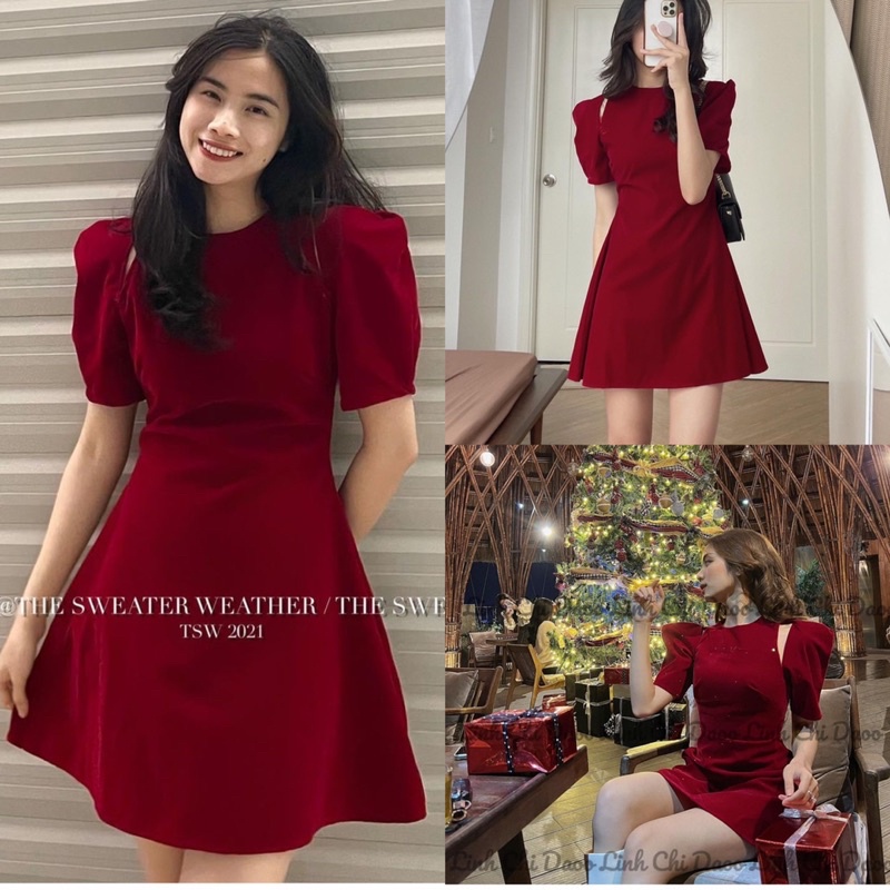 [Ảnh thật/Video] Đầm thiết kế phá cách khoét vai xoè nhẹ sang trọng Váy cổ tròn phong cách của quý cô