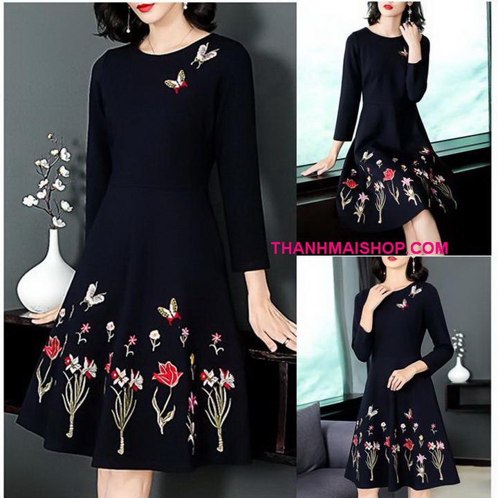 Đầm xòe cổ tròn tay lỡ QA199 thêu hoa và bướm cao cấp thời trang