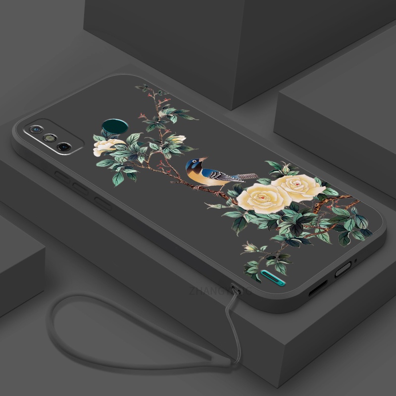 Ốp Điện Thoại TPU Mềm Họa Tiết Hoa Và Chim Có Dây Đeo Cho Tecno spark 6 go