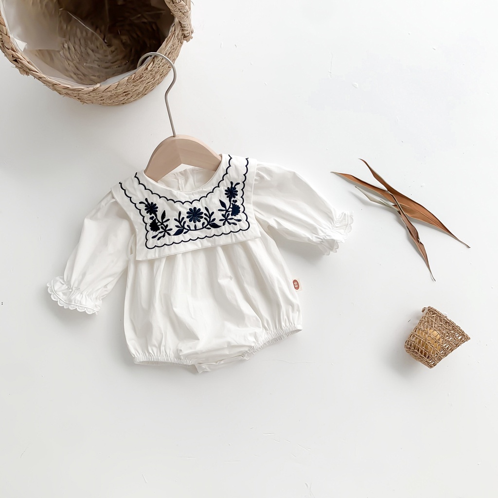 Áo Liền Quần Tay Dài Cổ Thêu Hoa Thời Trang Dễ Thương Cho Bé Gái Sơ Sinh