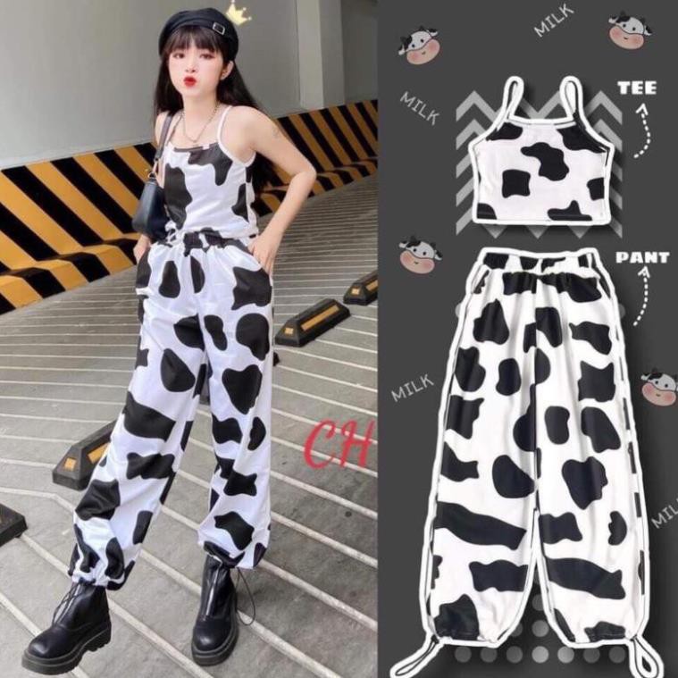 💝🔆Sét đồ bộ nữ loang bò sữa 💝 Áo hai dây chất cotton + quần ống rộng có dây rút ulzzang giá rẻ