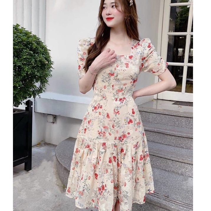 Đầm Váy Hoa Cổ Vuông Tay Phồng Thời Trang Mùa Hè Mới Cho Nữ