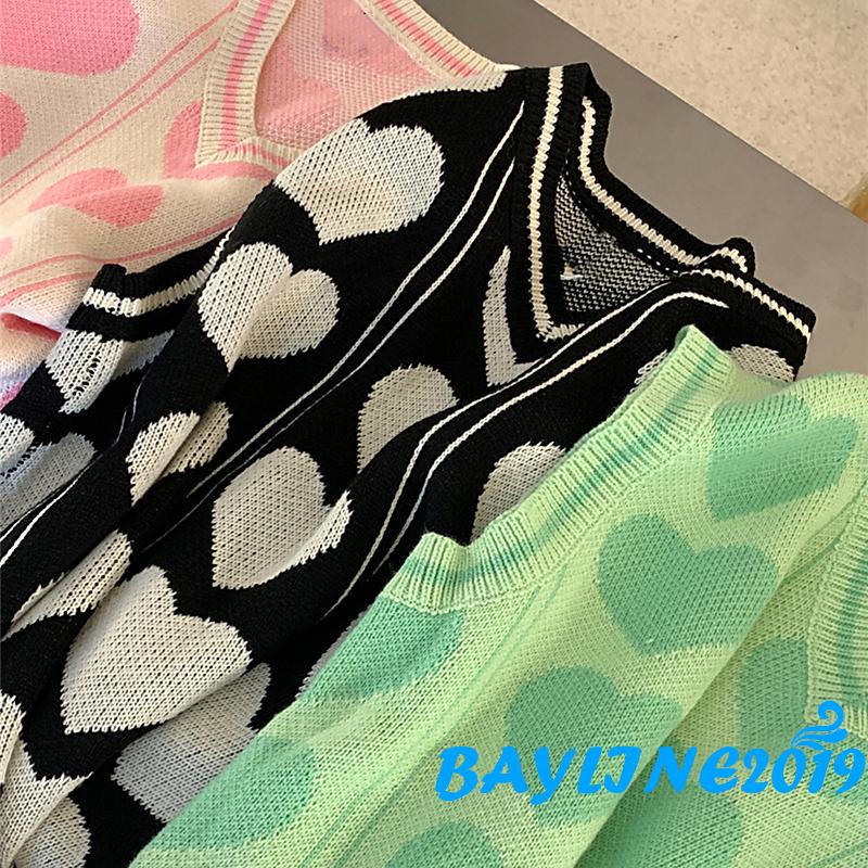 Áo len không tay cổ chữ V họa tiết trái tim màu sắc thời trang thu đông cho nữ