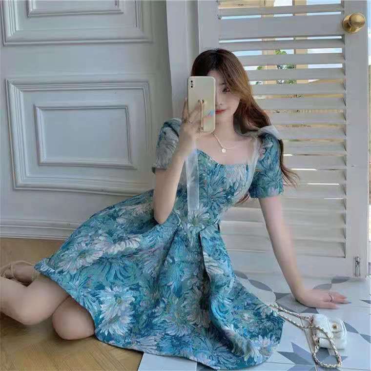 Đầm Tay Phồng Chiết Eo In Họa Tiết Tranh Sơn Dầu Phong Cách Cổ Điển Thời Trang Sang Trọng Cho Nữ
