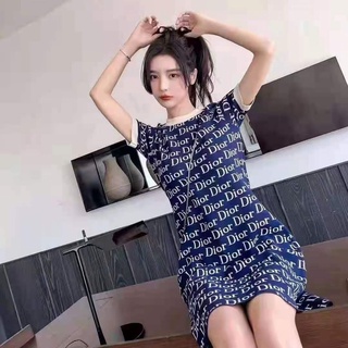 Đầm chữ A vải lụa sữa dệt kim tay ngắn dáng rộng in chữ toàn bộ phong cách Hàn Quốc