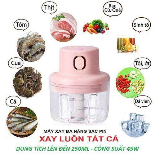 Máy Xay Tỏi Ớt Cầm Tay Mini Sạc Điện 250ml Xay Tỏi Ớt, Củ Quả Đa Năng, Có Cổng Sạc Usb Tiện Lợi