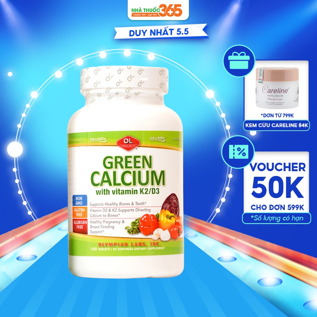 Viên Uống Olympian Labs Green Calcium Bổ Sung Canxi Hữu Cơ Cho Bà Bầu, Trẻ Em Và Người Lớn - Hộp 100 viên