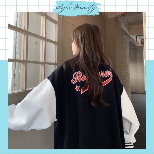 Áo bomber phối tay trắng in chữ R chuẩn unisex Lylibeauty áo chất nỉ lót lông bên trong