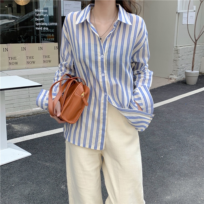 Áo Sơ Mi Tay Dài Họa Tiết Kẻ Sọc Phong Cách Retro Thời Trang