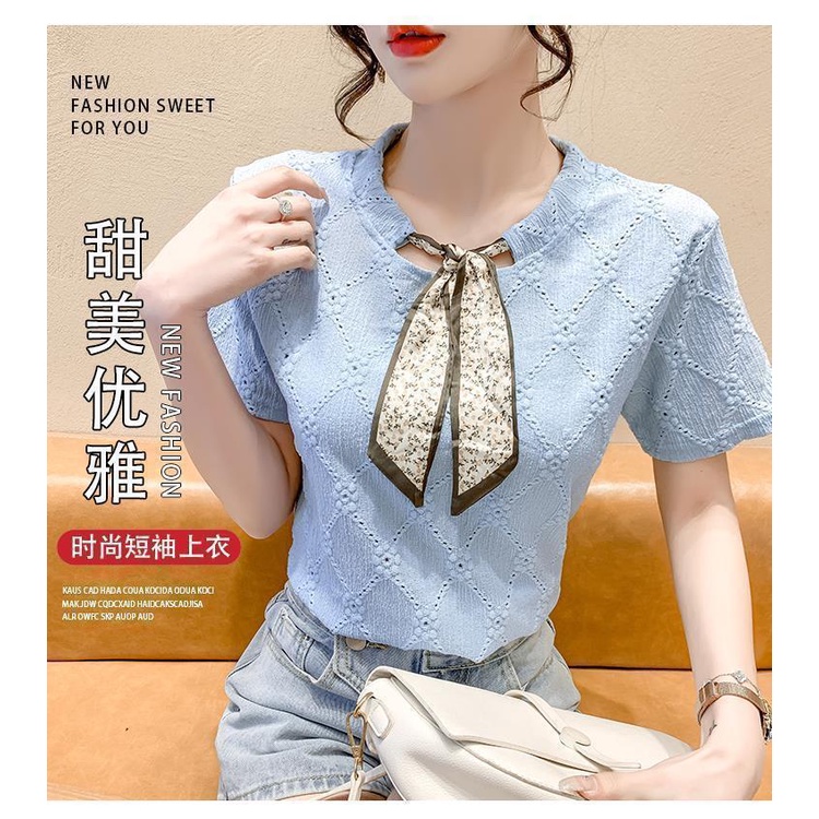 Áo Thun Tay Ngắn Phối Ren Thắt Nơ Thời Trang Mùa Hè 2023 Phong Cách Mới Cho Nữ