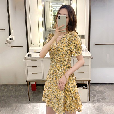 Đầm hoa cổ chữ v thiết kế tay phồng có dây thắt ngang eo tùy chỉnh kiểu dáng tiểu thư | BigBuy360 - bigbuy360.vn