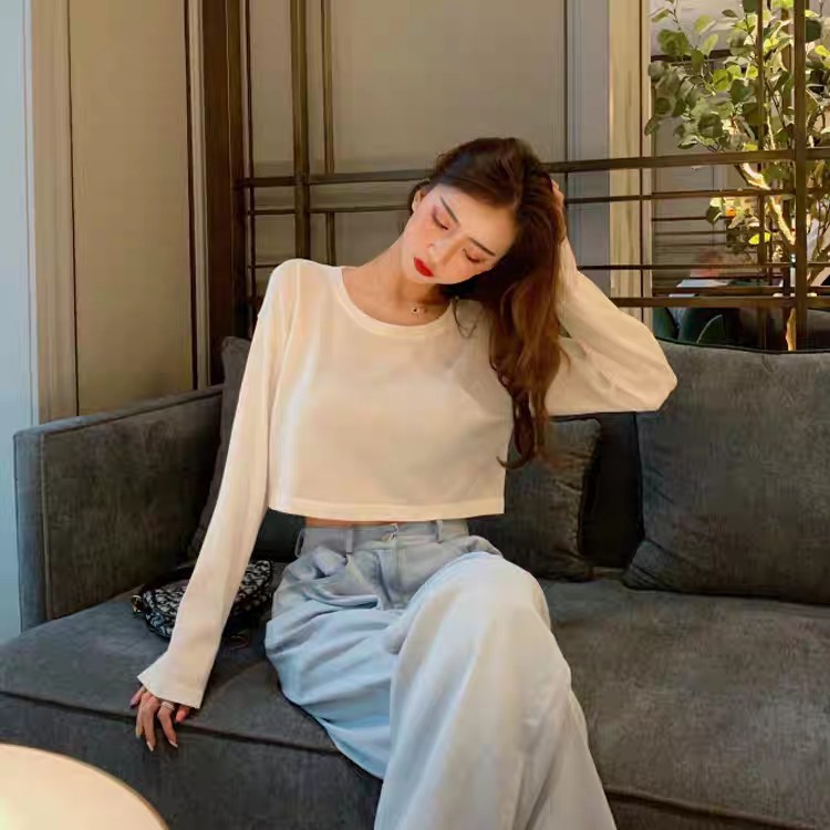 (Lẻ=sỉ) ÁO CROPTOP TRƠN DÀI TAY NHIỀU MÀU - ÁO THUN NỈ CROPTOP TÍM HOT - Hàng sẵn tại shop