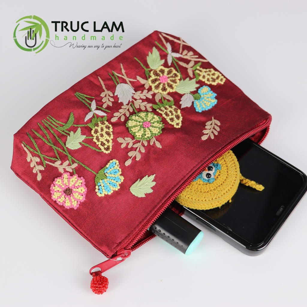 Ví Cầm Tay Túi Đựng Vải Tafta Họa Tiết Hoa Cỏ Thêu Tay - Trúc Lâm Handmade
