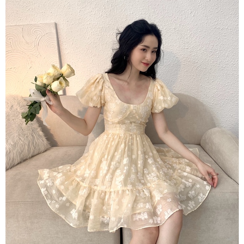Váy xòe Chillgals chất liệu tơ in hoa cổ tròn xinh xắn VA-068