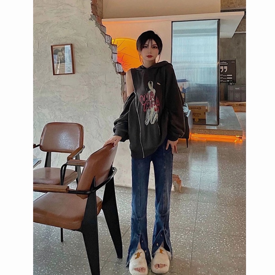 IMAODOU Quần jean dài ống loe xẻ tà màu xanh lam đậm/ đen lưng cao thời trang cho nữ | BigBuy360 - bigbuy360.vn