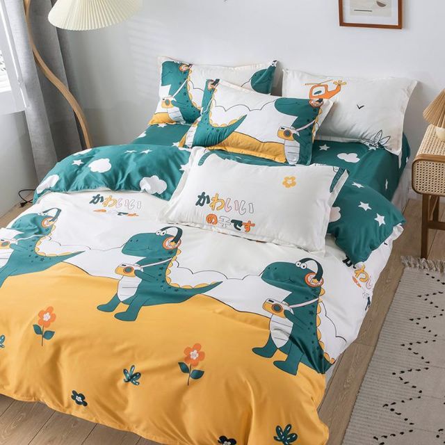 Bộ chăn ga gối , coton poly Emmibedding họa tiết khủng long nghe nhạc đủ size miễn phí bo chun