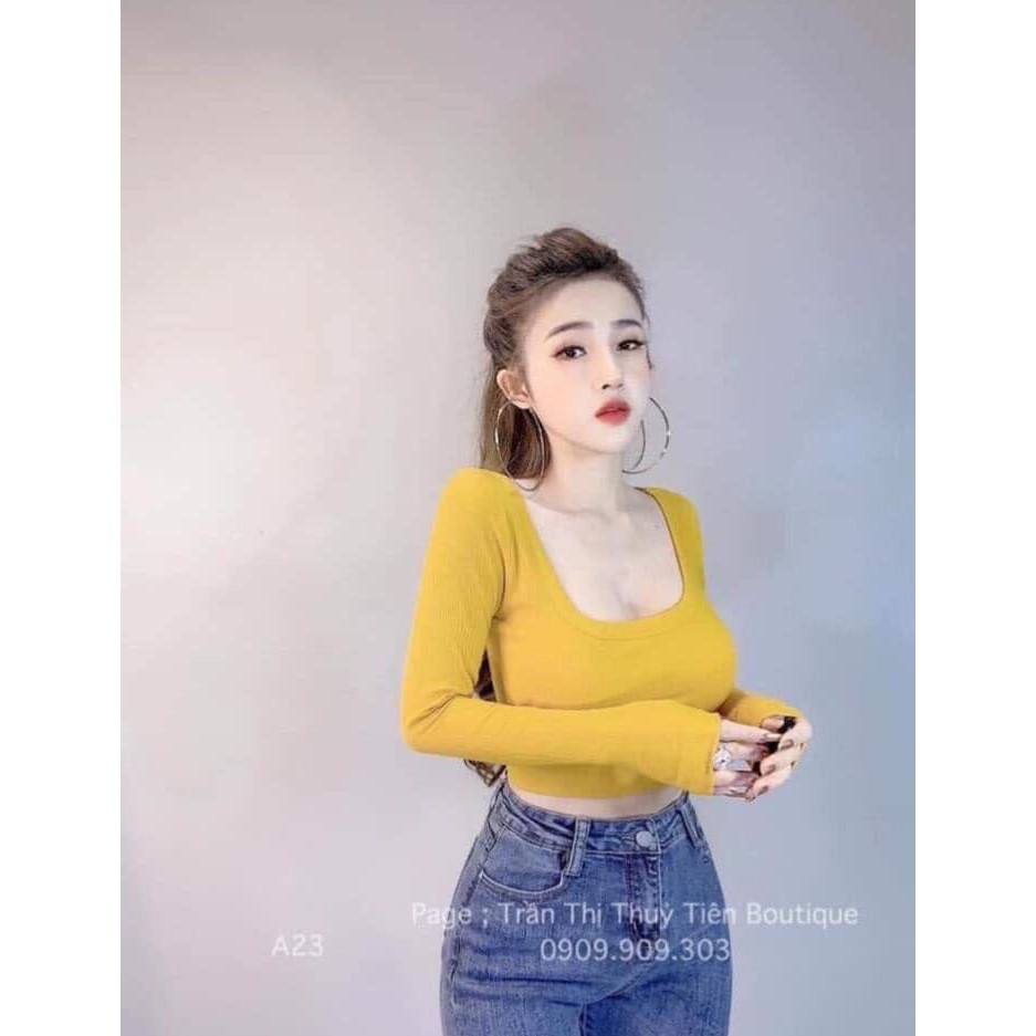 Áo kiểu tay dài croptop ôm dáng cổ vuông chất bozip đẹp xinh