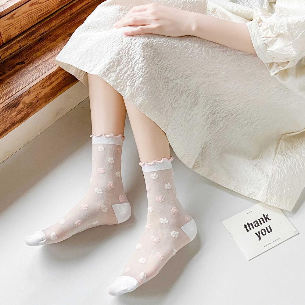 Vớ Trong Suốt Họa Tiết Hoa Phong Cách Harajuku Hàn Quốc Cho Nữ