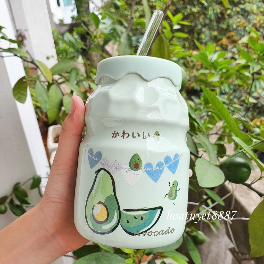 Ly cốc sứ uống nước Yakult họa tiết hoa quả có ống hút thủy tinh dung tích 420ml