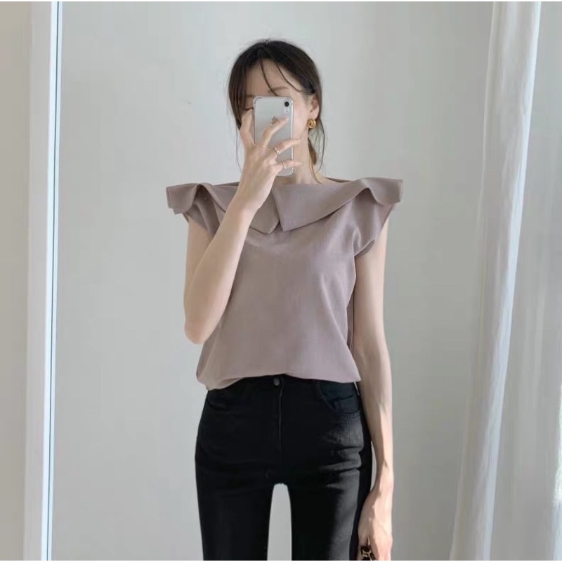 thiết kế mới cảm giác cổ áo không tay áo pull áo sơ mi voan nữ.