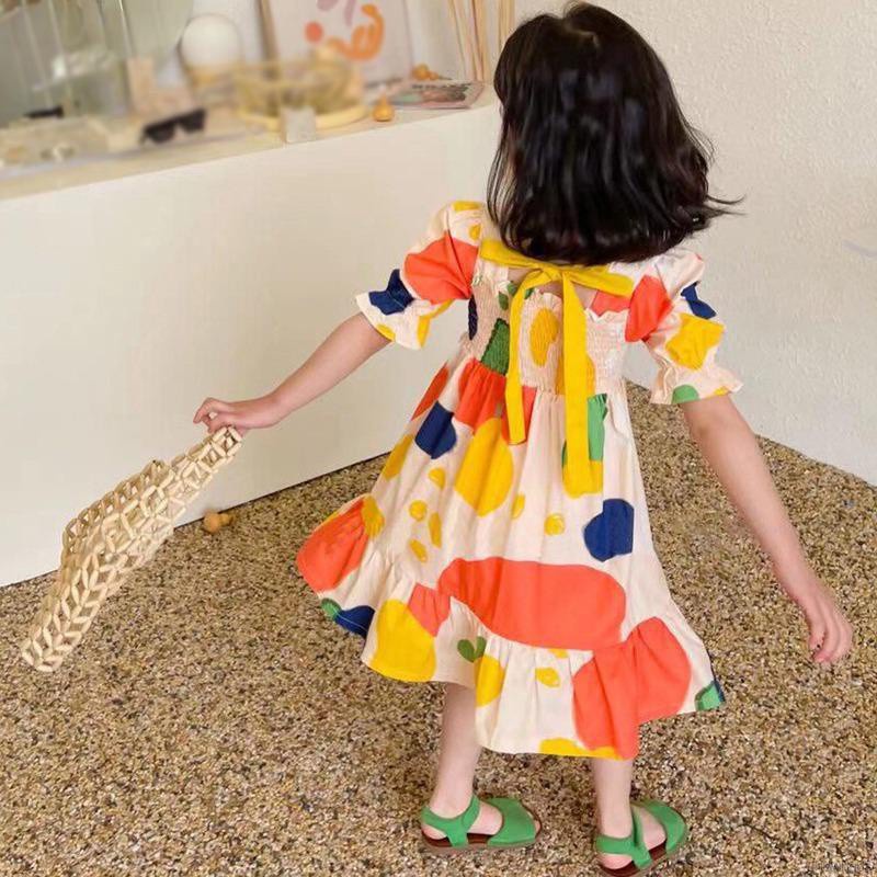 Váy cổ vuông tay phồng in họa tiết xinh xắn phong cách Hàn Quốc dành cho bé gái