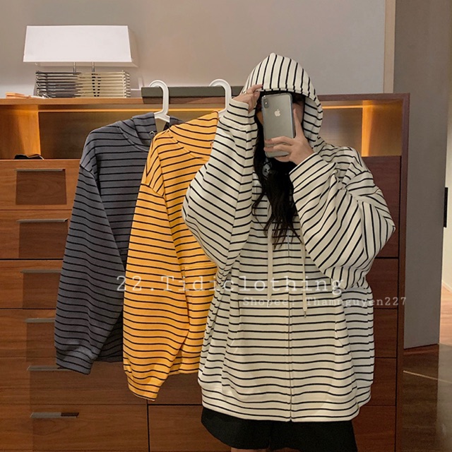 ORDER Áo khoác ulzzang kẻ ngang form rộng oversize có nón to / áo khoác kẻ sọc ngang hoodie tay dài nón to ORDER taobao