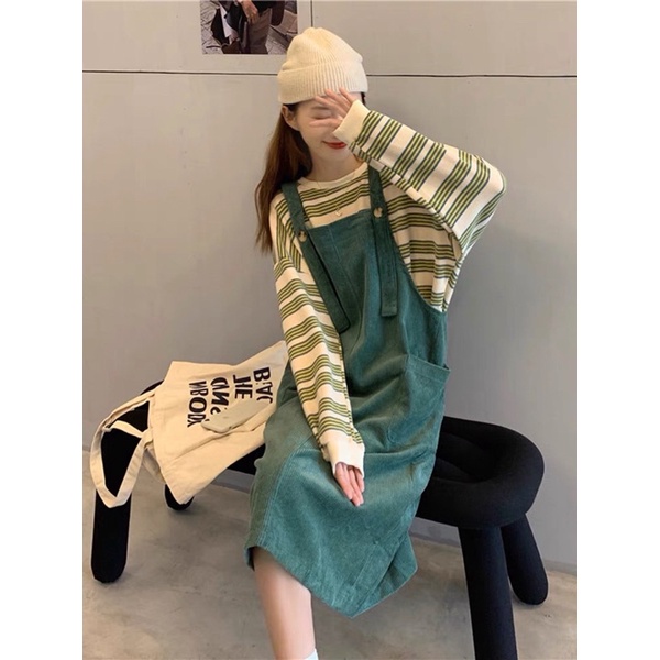 Set áo Len sweater chất dày dặn + váy yếm nhung tăm dáng suông phong cách Hàn Quốc