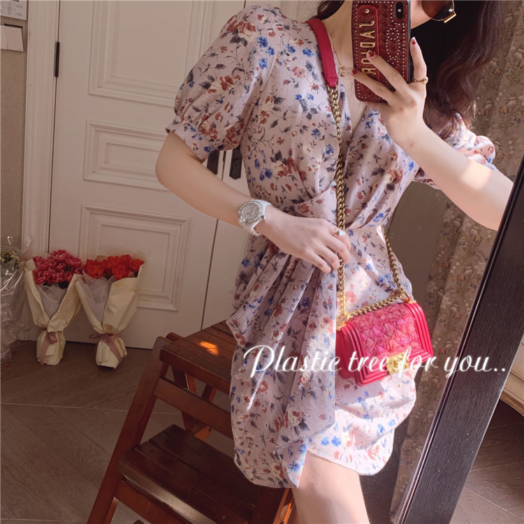 Đầm ôm Ngắn Tay Cổ Chữ V In Hoa Thời Trang