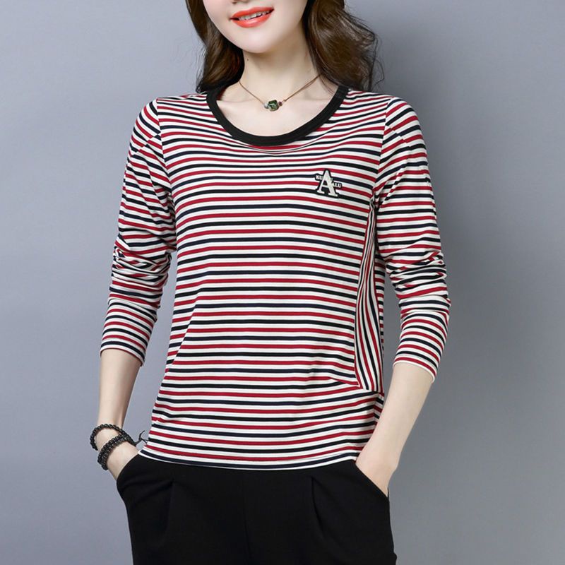 Áo Thun Tay Dài Họa Tiết Kẻ Sọc Phong Cách Phương Tây Thời Trang Mùa Thu Mới Cho Phụ Nữ Trung Niên