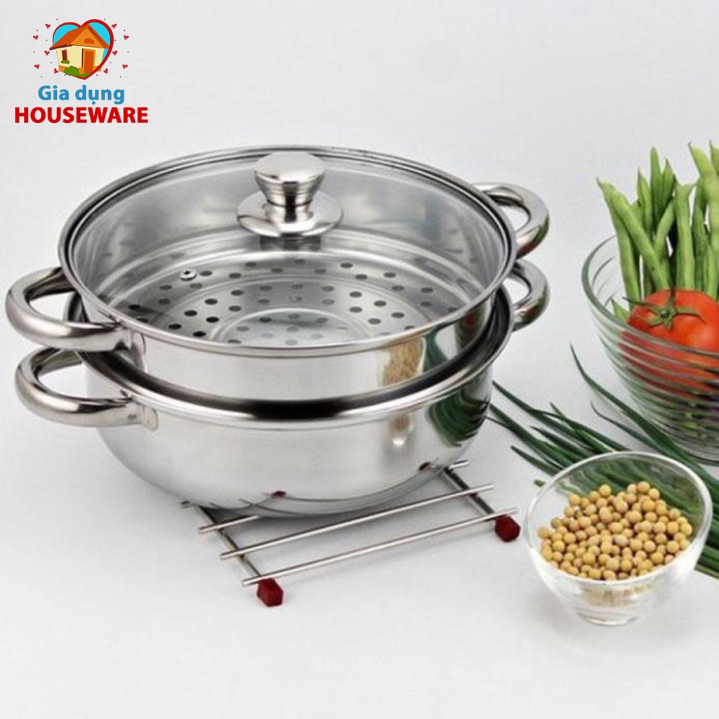 Nồi hấp 2 tầng inox-Bộ xửng hấp inox 28cm cao cấp nắp kính-Dùng được cho cả bếp từ