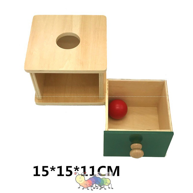 Hộp Imbucare- 1 quả bóng gỗ, thả bóng gỗ vào hộp gỗ vuông - Giáo cụ montessori cho trẻ từ 0 đến 3 tuổi