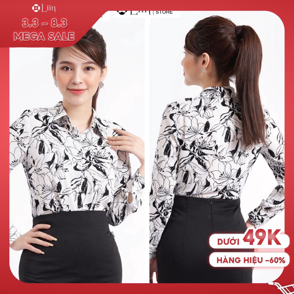 Áo sơ mi nữ dài tay màu trắng hoa đen phong cách trẻ trung, hiện đại Liin Clothing SM4035-1221