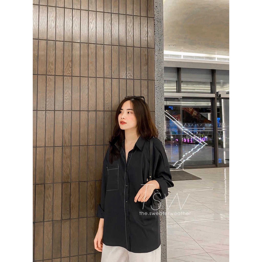 Áo Sơ Mi Lụa Chỉ Nổi Chạy Viền 🦋 Áo SơMi Nữ Dài Tay 2 Màu Ulzzang