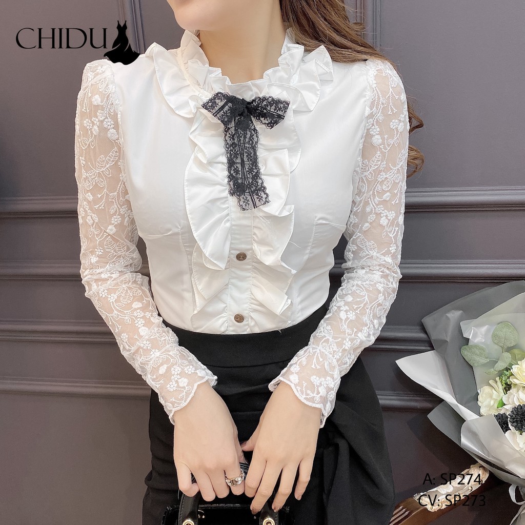 [ Mã WASTRUN4 giảm 10% tối đa 30K đơn 99K] CHIDU Áo sơ mi công sở tay ren phối nơ SP274